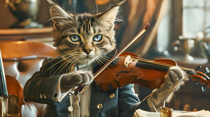 Charismatic Feline Musician Elegantly Performing on Classical Music Stage Showcasing Refined Talent and Skill while Holding Violin in Stylish Suit