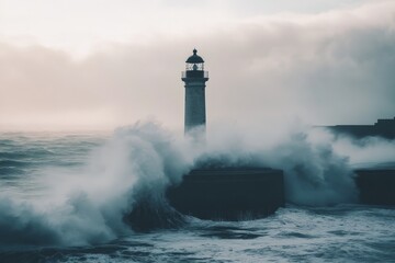 A dramatic lighthouse surrounded by turbulent waves and stormy weather, exemplifying nature’s raw power and the resilience of man-made structures at sea.