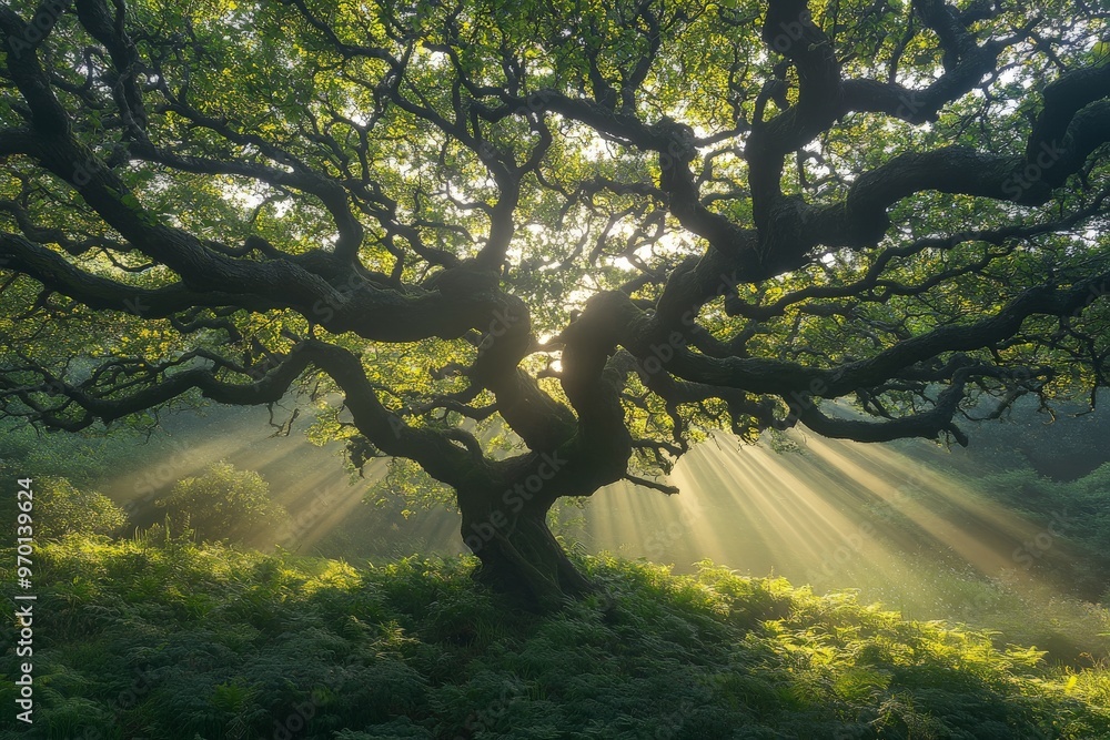 Poster The expansive branches of a towering tree are bathed in sunlight, emphasizing the tree's grandeur and creating intricate patterns with light and shadow in the forest ambiance.