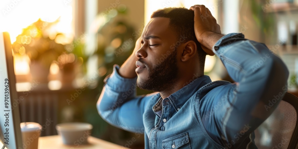 Poster man experiencing neck pain in an office setting while working late on a computer, facing stress and 