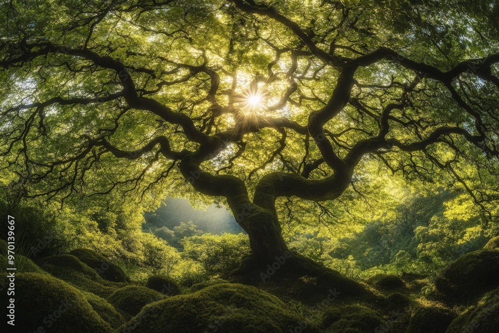 Poster A magnificent tree stands tall with the sun's rays piercing through the dense, lush green leaves, creating a serene and ethereal atmosphere in a forest setting.