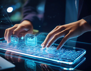 A close-up of hands typing on a futuristic transparent keyboard with holographic displays ho