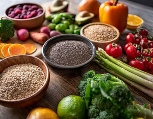 A close-up of healthy meal preparation, with vibrant vegetables, fruits, and grains. The emp