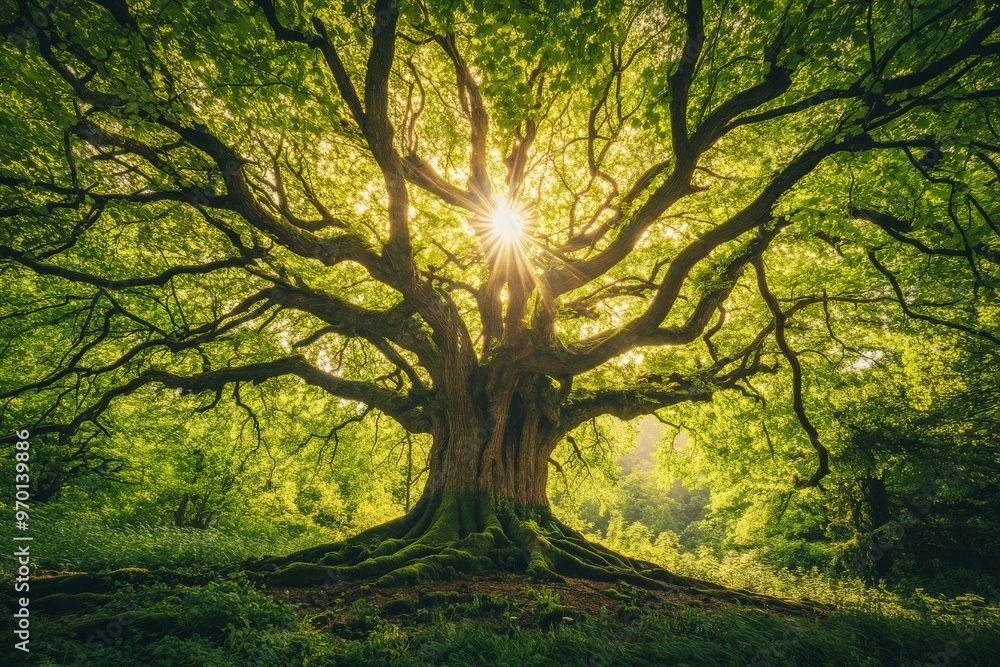 Poster sunlit tree with sprawling branches in a verdant green forest. the sunlight streaming through the fo