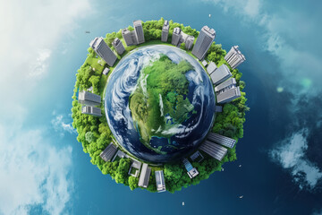 3D rendering of Earth with a green city and wind turbines, eco friendly environment, Landscapes with Eco Urban Cities, Earth Day