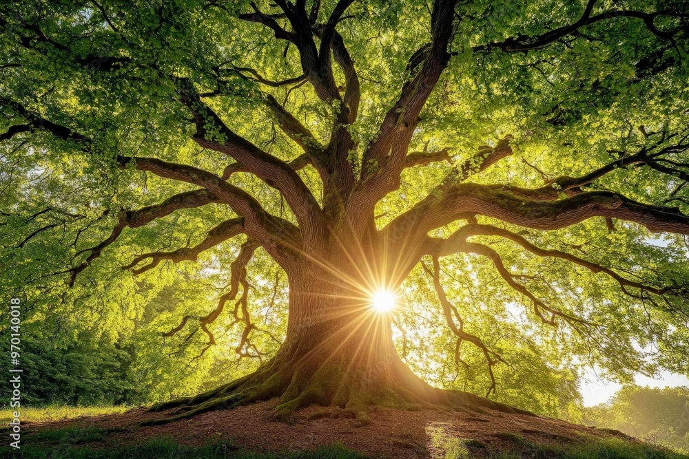 Poster Sunlight streams through the branches of a grand, ancient tree, highlighting the intricate details of its bark and leaves in a serene and calming forest landscape.