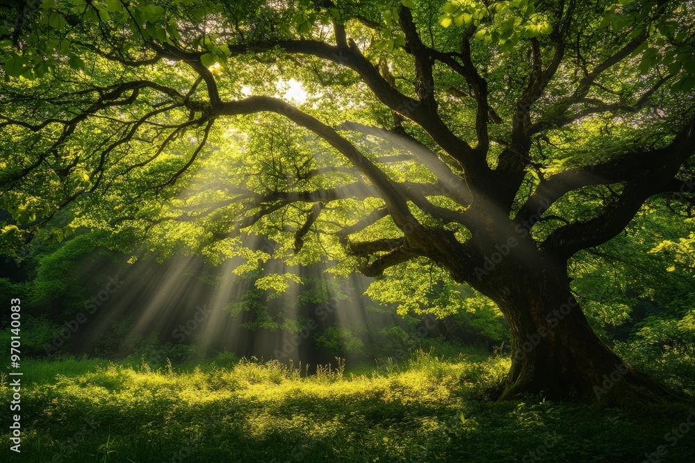 Aufkleber a spreading tree in a forest setting, with streaks of sunlight streaming through its lush foliage, i