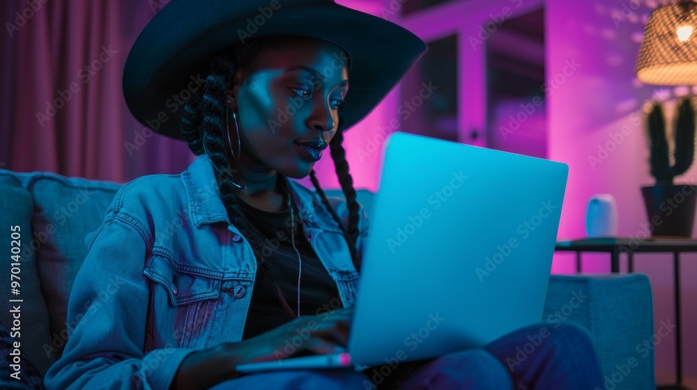 Poster female coder working on a laptop at night under neon lighting, focusing on software hacking, cyberse