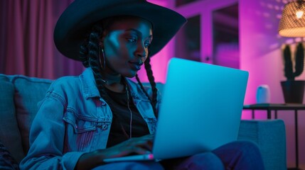 Female coder working on a laptop at night under neon lighting, focusing on software hacking, cybersecurity, and dealing with issues like ransomware and phishing