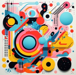 A vibrant abstract composition featuring geometric shapes, bold colors, and dynamic patterns, evoking creativity and modern design.