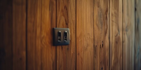 Black plug outlet on the wooden wall Socket and European power in the modern apartment Acoustic flute wood panel