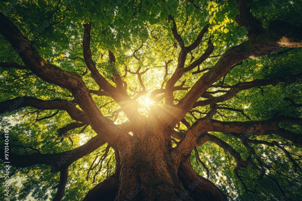Aufkleber a vibrant image of a tree with thick branches and lush green leaves, as sunlight streams through, cr