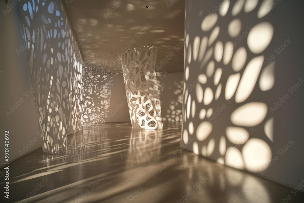 Aufkleber A room displays intricate shadows cast by perforated primary structures, creating a visually captivating interplay of light and pattern in a minimalist space.
