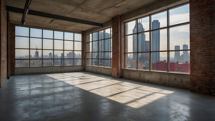 Obraz premium Urban life concept: an empty loft-style room with views of the city through a large window generative ai