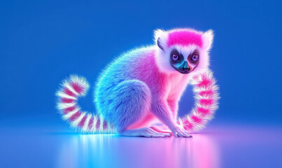 vibrant neon-colored lemur in a futuristic setting