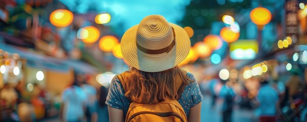 Woman wearing a straw hat exploring a lively, lantern-lit night market.