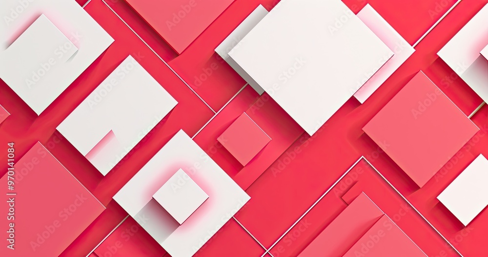 Poster a vibrant abstract composition featuring overlapping geometric squares in red and white tones, creat