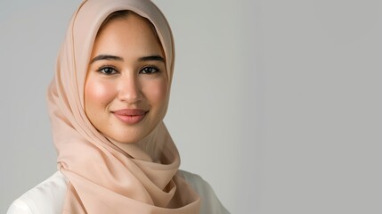 Smiling young woman in hijab against a simple background. Represents themes of faith and identity