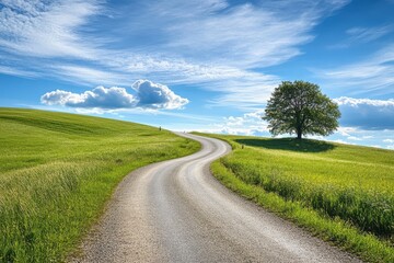 Fototapeta premium The grassy road in rural areas under blue skies