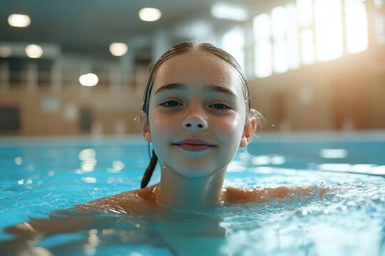 The girl is swimming and learning in a modern pool promoting children s sports and healthy parenting