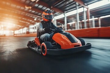 The man is racing indoors on a go kart track wearing a helmet