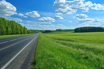 Fototapeta premium The never ending spring grassland and distant forest hills by the asphalt road