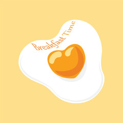 Breakfast time, fried egg with heart shape yolk, food vector illustration.