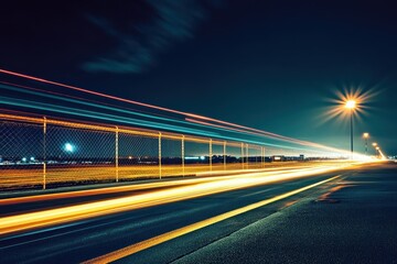 The runway at night with departure flight light trail and fence