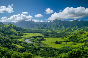 Naklejka premium A scenic view of a winding river flowing through a lush green valley surrounded by majestic mountains.