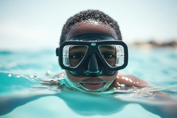 Naklejka premium Thin African American boy in snorkel diving in ocean during summer Vacations relaxation childhood