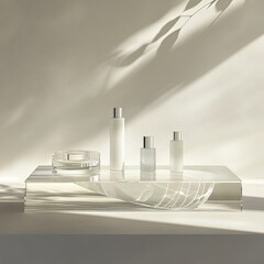 Transparent glass podium that reflects light, giving the impression of products floating in the air. .generative ai