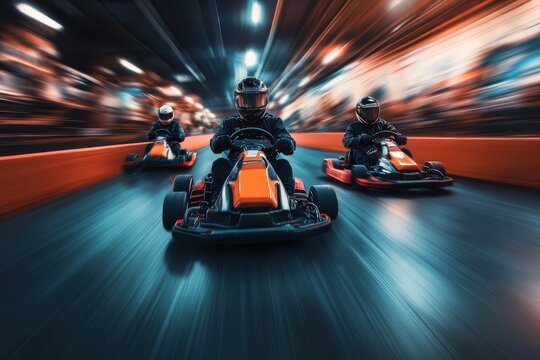 Three drivers compete in an indoor go kart race track with speed and banner