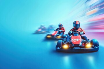 Three kart riders race indoors on blue background Fast cart racing with speed banner and copy space