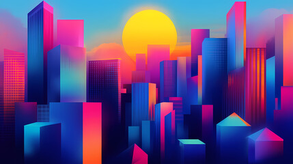 Abstract neon bright cityscape at sunset featuring cubist architecture and skyline. Cubist. Illustration