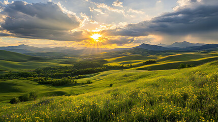 Stunning panoramic view of a lush green valley with rolling hills and a dramatic mountain range in the distance, bathed in the warm glow of a setting sun.
