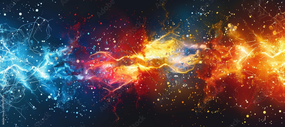 Poster cosmic energy collision abstract depiction of universal interconnection and the dance of elements.