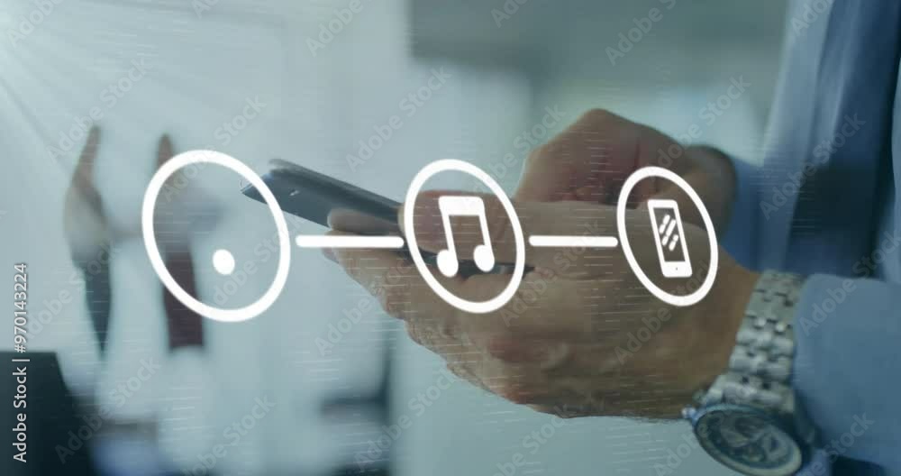 Poster animation of network of connections with icons over caucasian man using smartphone