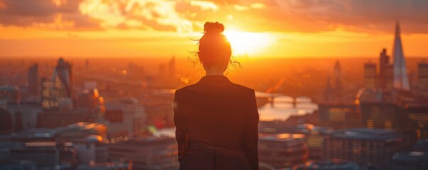 Silhouette of a woman gazing at a glowing city skyline during a picturesque sunset. Free copy space for text.
