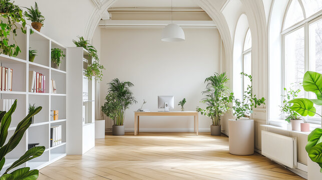 Minimalist, brightly lit office/home space with white walls, bookshelves, desk, windows, and plants. Great  as a Zoom background for calls