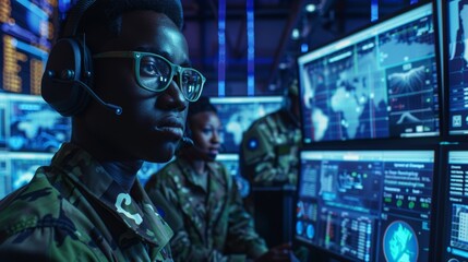 Communication tech and personnel in a control room, providing support and surveillance in a military office focused on cyber intelligence operations