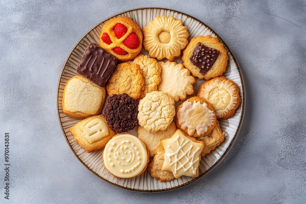 Poster Various shortbread cookies on plate top view on gray background