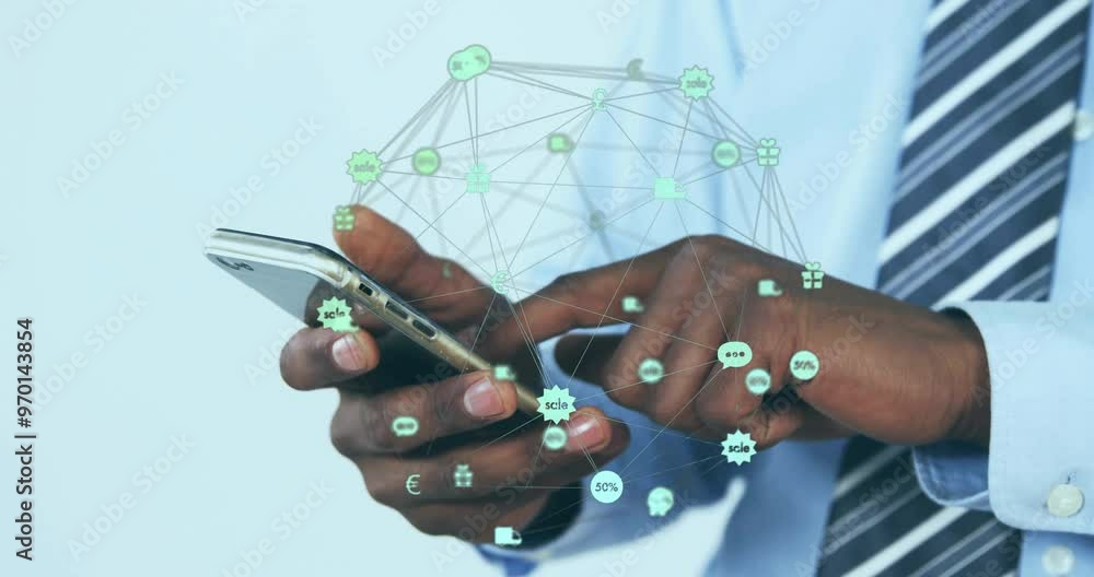 Poster animation of globe of network of connections with icons over afrcian american man using smartphone