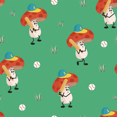 Mushroom baseball seamless pattern. Cute Mushroom characters on green background. 