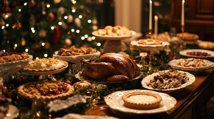 Fototapeta premium Festive Christmas Dinner Celebration with Roast Turkey, Stuffing, and Pies in a Holiday Decorated Room