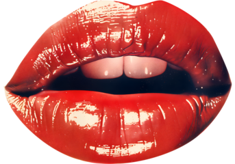 A close up of a red lip with a white background