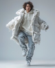 Dynamic fashion shot of a model mid-jump, wearing an oversized white puffer coat, ripped jeans, and white sneakers
