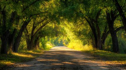 A winding dirt road leads through a tunnel of trees.