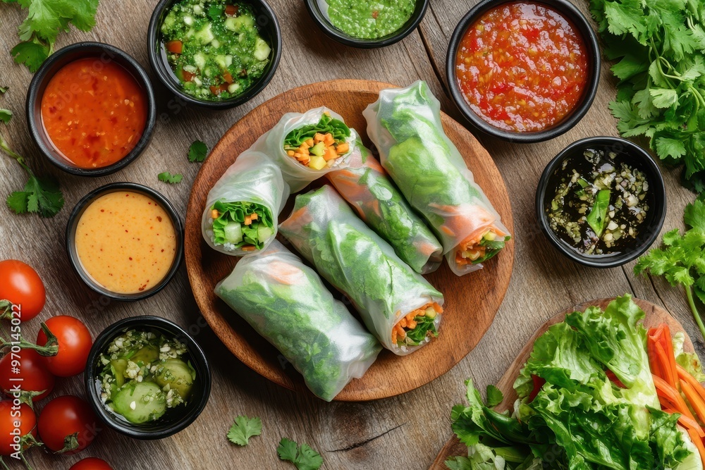 Canvas Prints Vegetable spring rolls and sauces on wood table