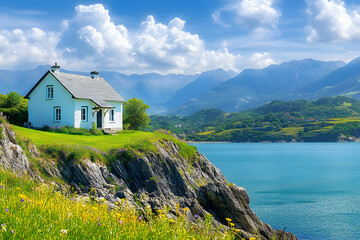 Cottage on a cliff overlooking a bay.