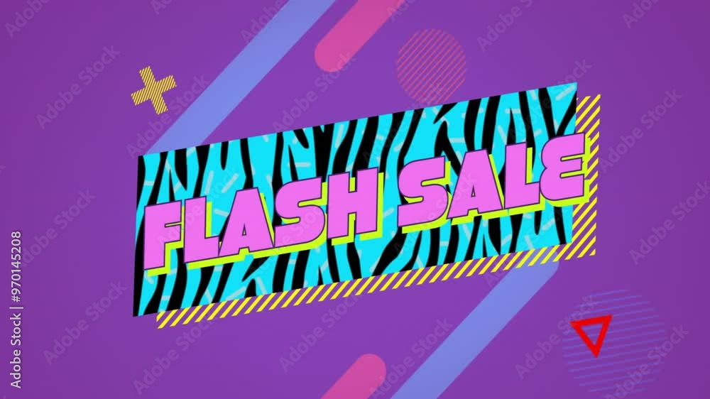 Poster animation of flash sale text over retro vibrant pattern background